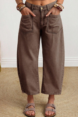 Coffee Solid Color Square Patch Pocket Ankle-length Barrel Jeans