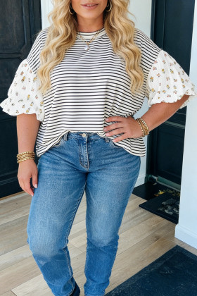 Black Stripe Plus Size Striped Short Sleeve Top with Floral Puff Sleeves