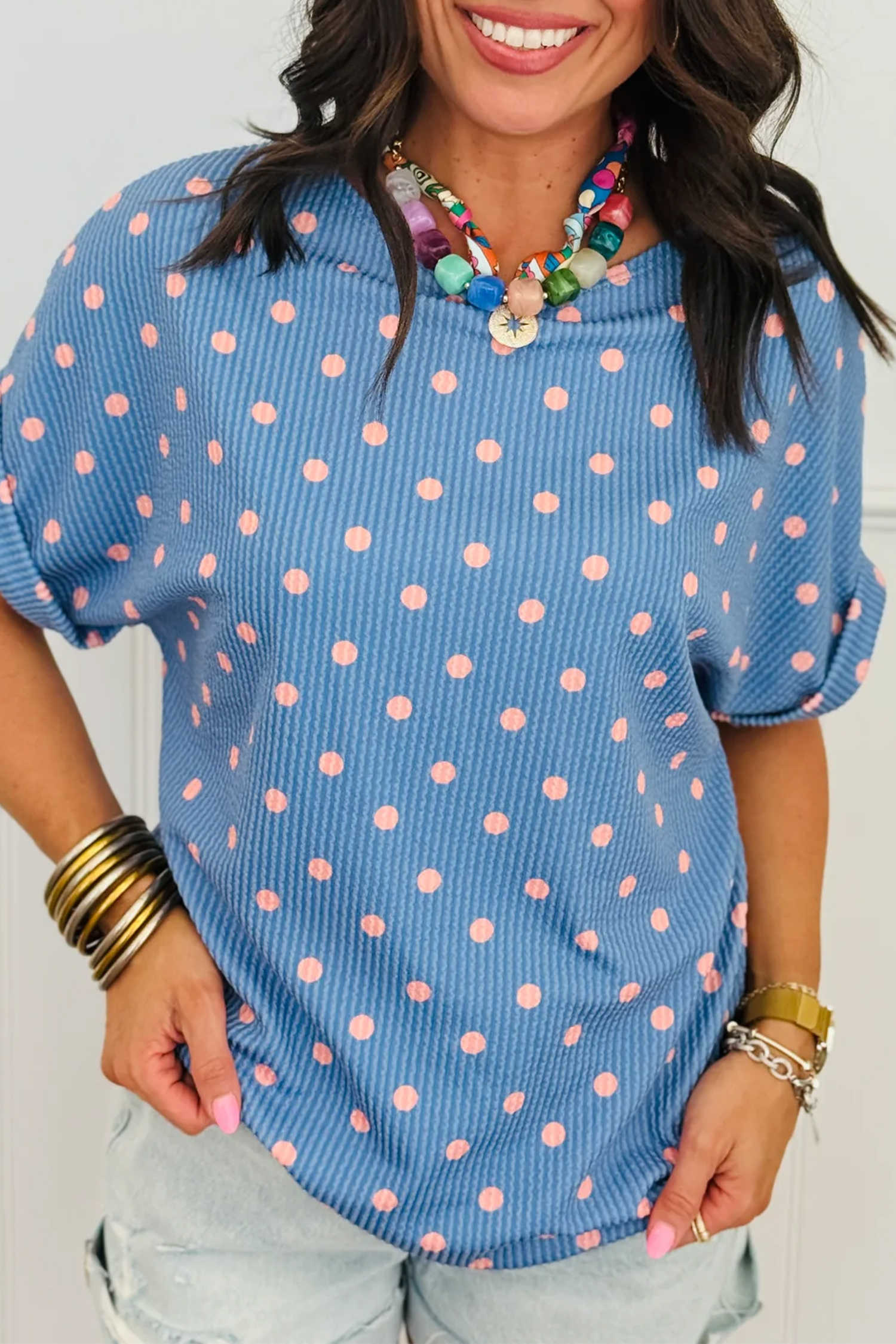 Sky Blue Raised Rib Polka Dot Print Cuffed Short Sleeve Top