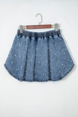 Ashleigh Blue Denim Pearl Embellished Elastic Waist Mini Skort