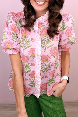 Pink Sweet Blooms Ruffle Striped Trim Puff Sleeve Shirt