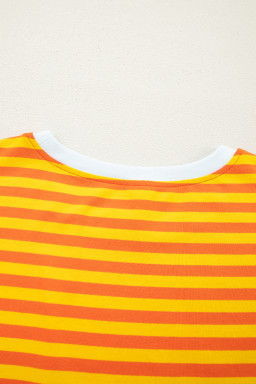 Orange Stripe Contrast Crew Neck Drop Shoulder Loose Tee