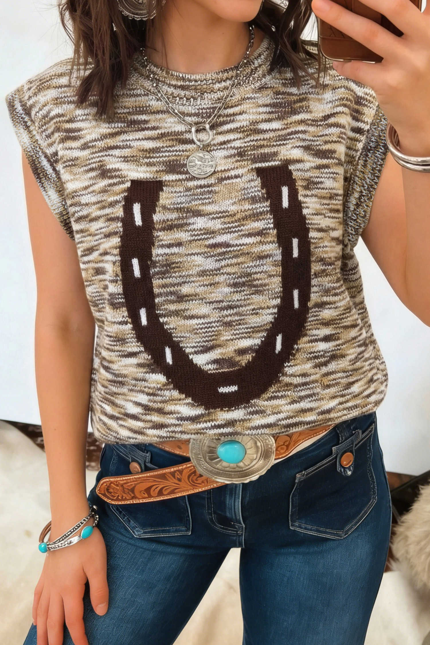 Brown Western Horseshoe Printed Round Neck Sweater Vest