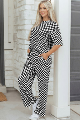 Black Checkered Print Half Sleeve Tee 2pcs Lounge Pant Set