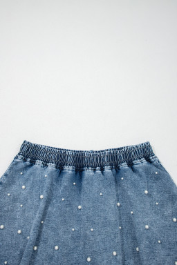 Ashleigh Blue Denim Pearl Embellished Elastic Waist Mini Skort