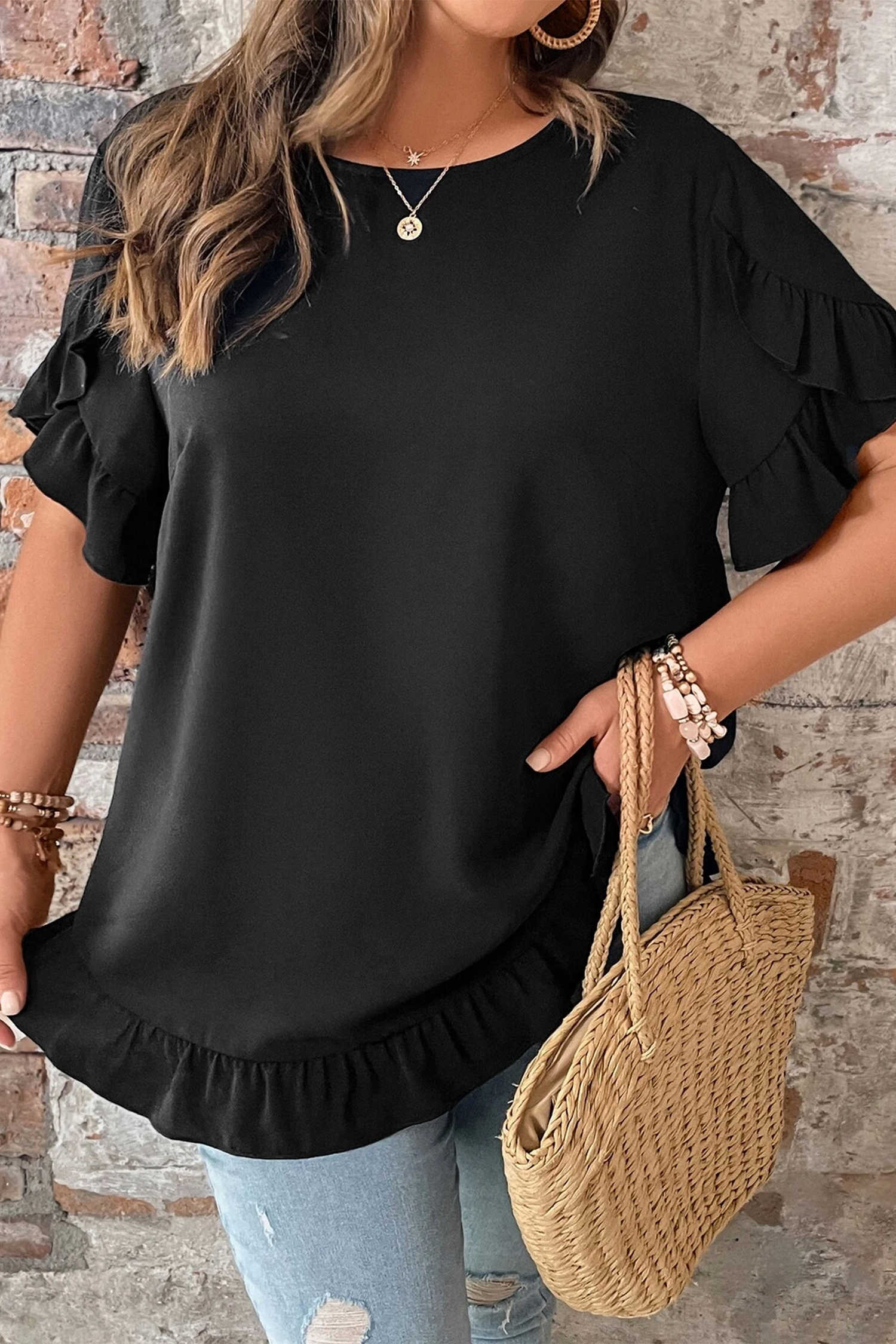 Black Solid Color Ruffle Trim Petal Sleeve Plus Size Tee