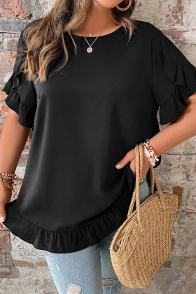Black Solid Color Ruffle Trim Petal Sleeve Plus Size Tee