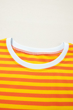 Orange Stripe Contrast Crew Neck Drop Shoulder Loose Tee