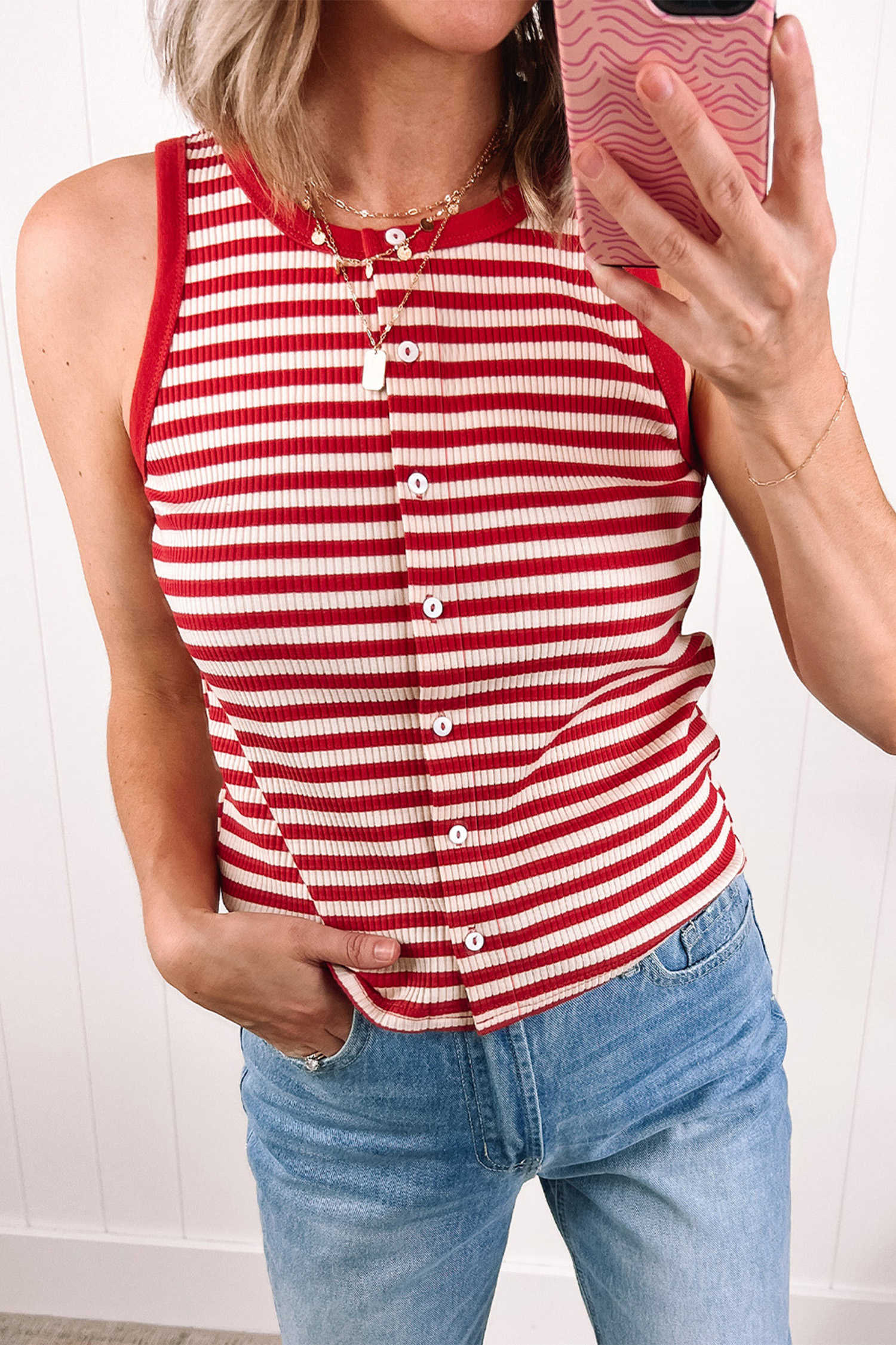 Red Stripe Buttoned Ribbed Knit Tank Top