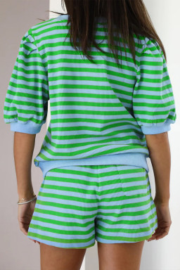 Green Stripe Plus Size Colorblock Detail Puff Sleeve Top Drawstring Shorts 2pcs Outfit