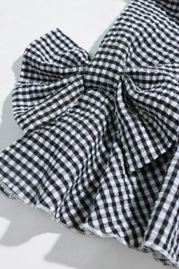 Black Plaid Bow Ruffled Half Sleeve Round Neck Blouse