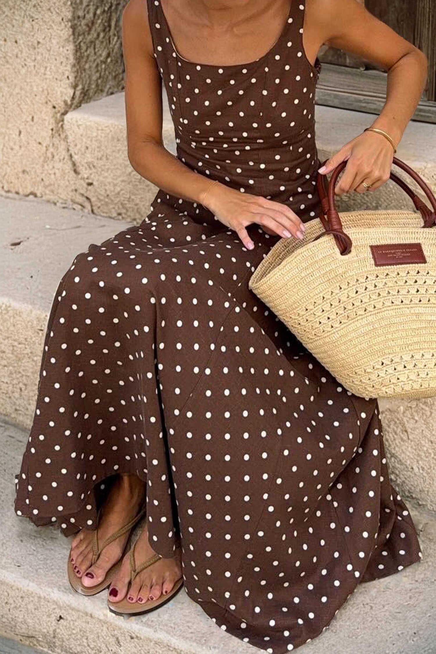 Brown Polka Dot Print Square Neck Sleeveless Vacation Long Dress