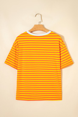 Orange Stripe Contrast Crew Neck Drop Shoulder Loose Tee