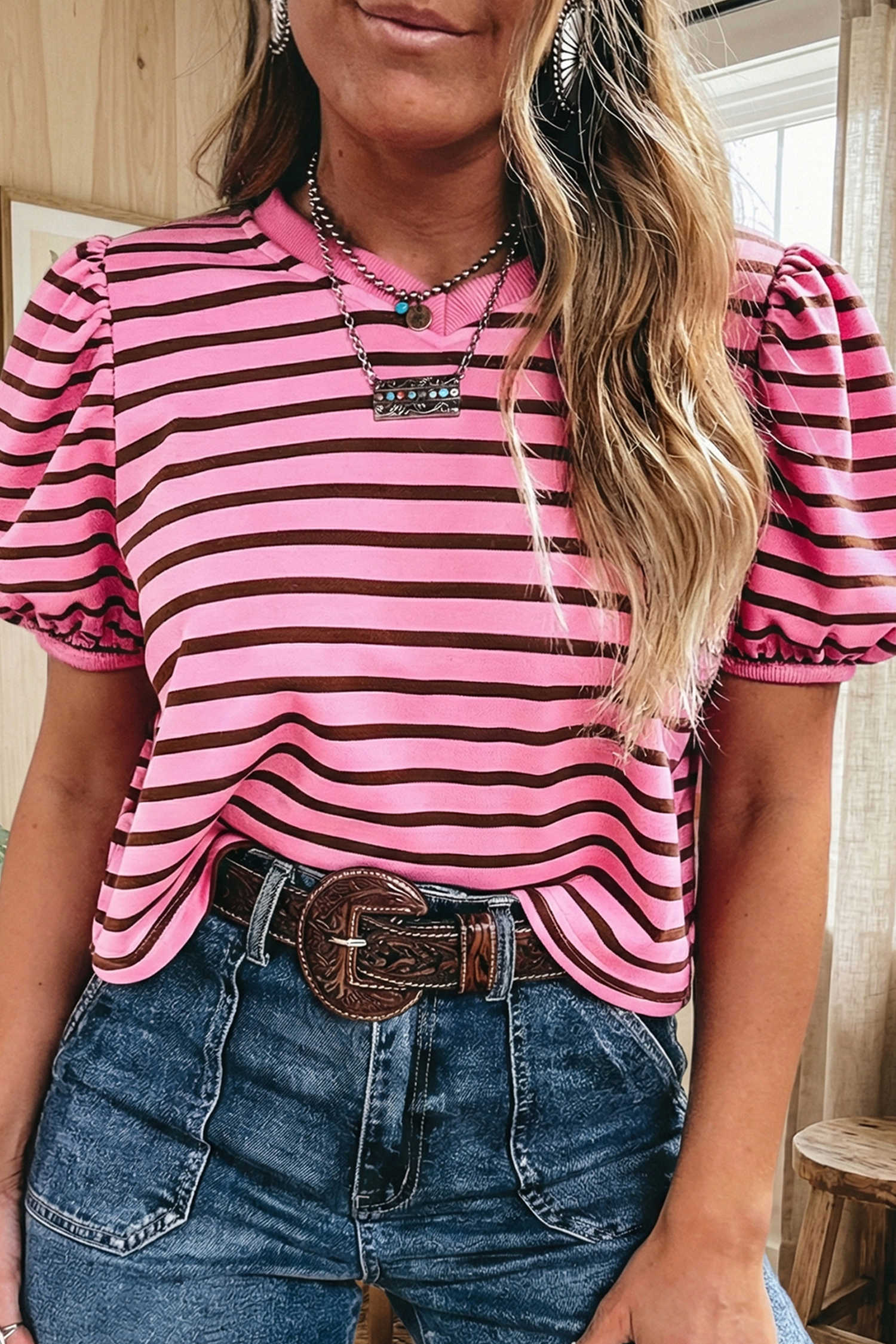 Rose Stripe Striped V-Neck Ribbed Collar Cuff Gathering Puff Sleeve Top