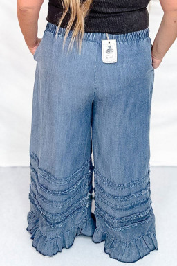 Dusk Blue Tiered Raw Edge Ruffled Plus Size Wide Leg Denim Pants