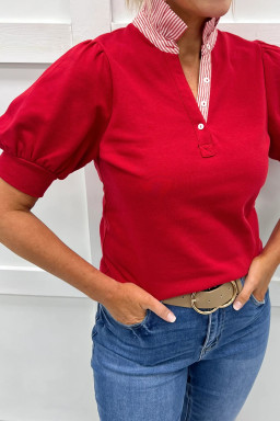 Fiery Red Striped Frilled Collar Short Sleeve Blouse