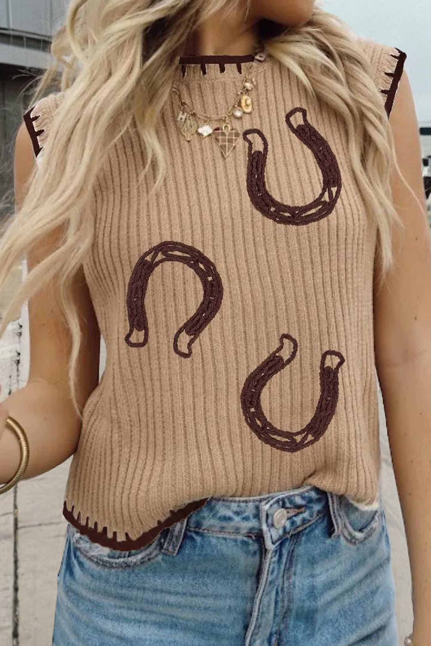 Light French Beige Ribbed Knit Contrast Trim Round Neck Horseshoe Sweater Vest