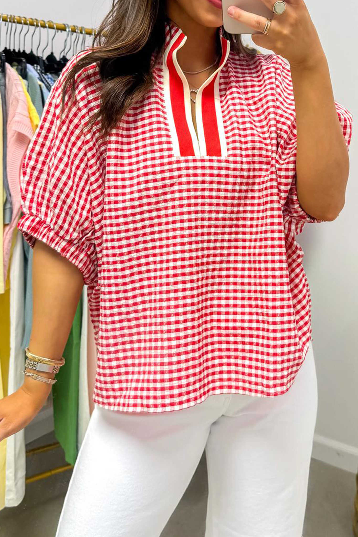 Red Gingham Short Sleeve Colorblock Trim Split Neck Blouse