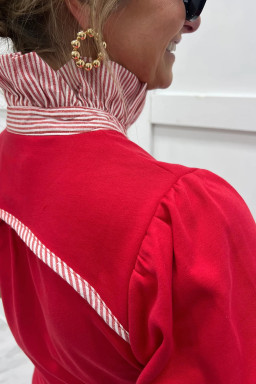 Fiery Red Striped Frilled Collar Short Sleeve Blouse