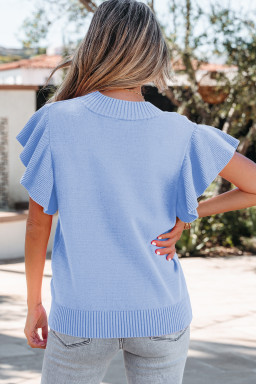 Beau Blue Solid Color Ribbed Trim Round Neck Ruffle Short Sleeve Sweater
