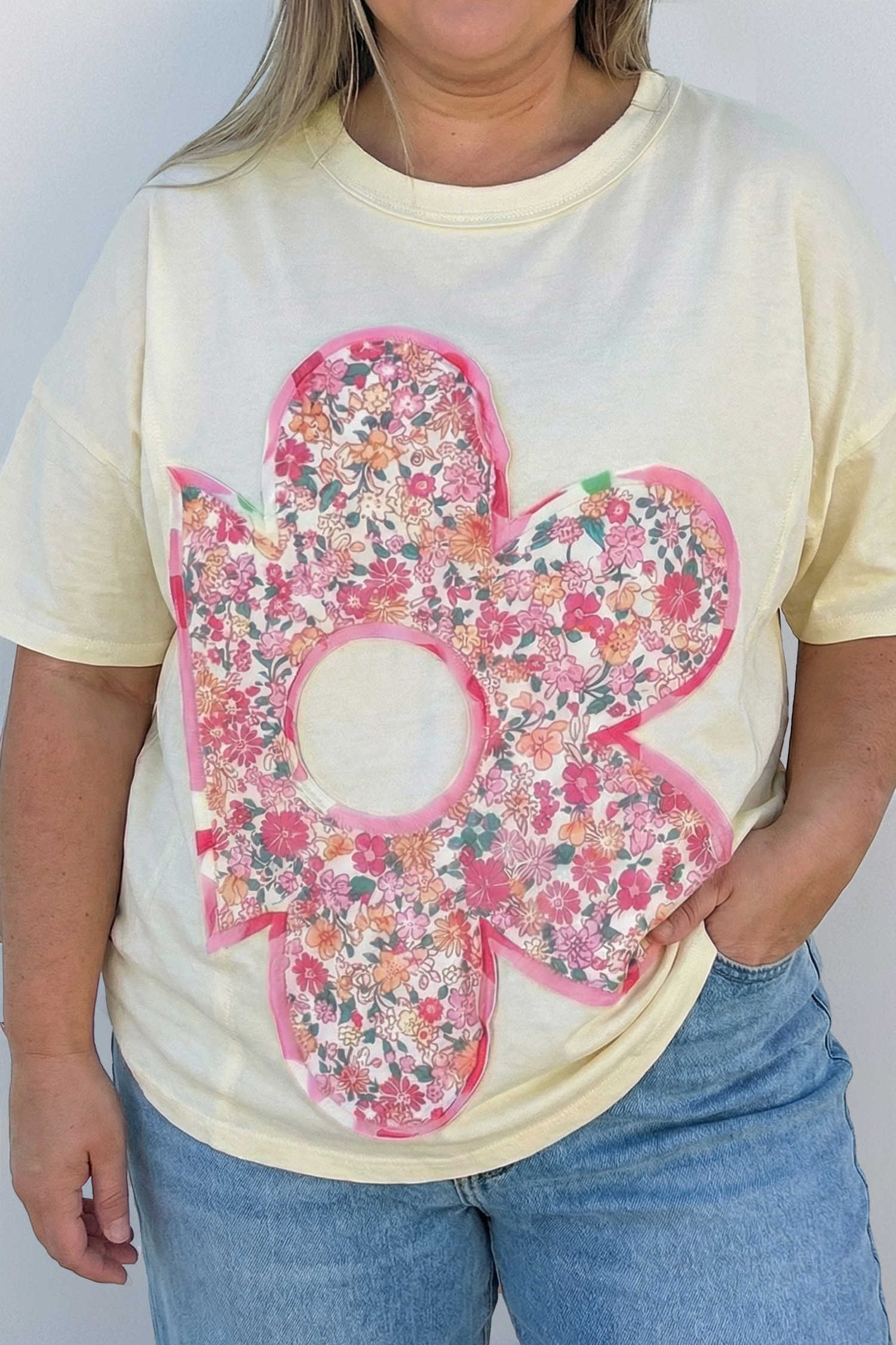 Jet Stream Big Flower Patched Plus Size Tunic T-Shirt