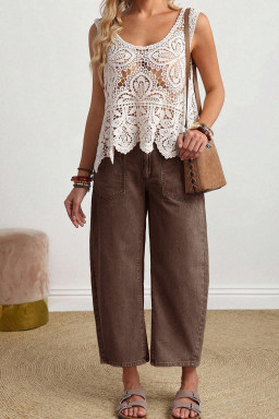 Coffee Solid Color Square Patch Pocket Ankle-length Barrel Jeans