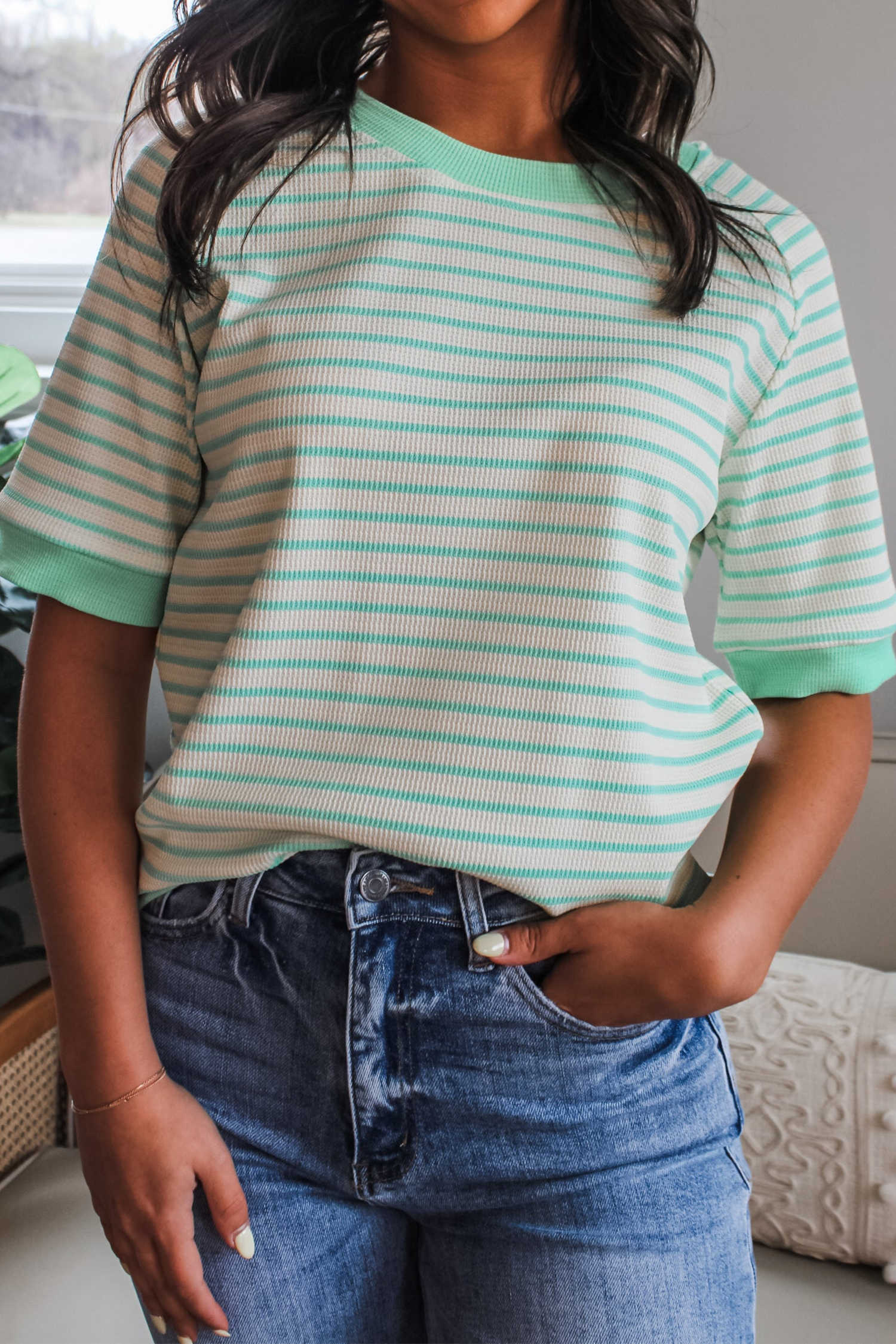 Green Stripe Colorblock Trim Round Neck Short Sleeve Tee