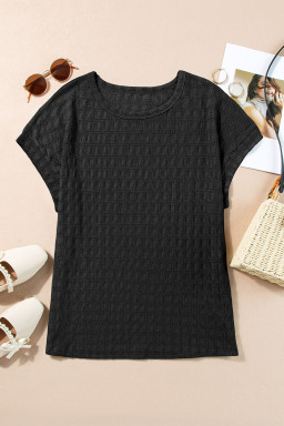 Black Solid Color Textured Batwing Sleeve Tee