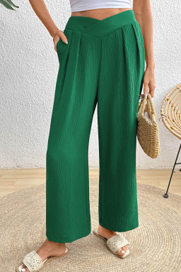 Evergreen Solid Color Textured Crossed Waist Loose Pants