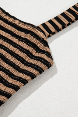 Brown Stripe Square Neck Shirred Wide Leg Jumpsuit