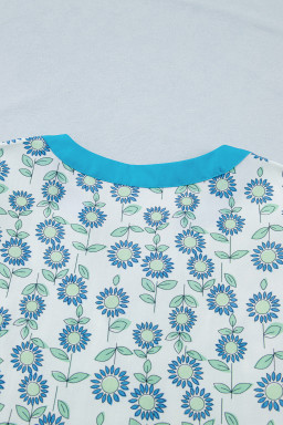 Sky Blue Cute Sunflower Printed Striped Patchwork Trim Flutter Sleeve Long Dress