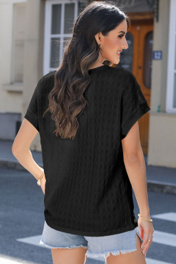 Black Solid Color Textured Batwing Sleeve Tee