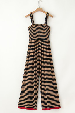 Brown Stripe Square Neck Shirred Wide Leg Jumpsuit