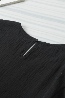 Black Crinkled Cotton Gauze Ruffle Sleeve Blouse
