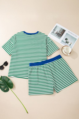 Green Stripe Boxy Tee Drawstring Elastic Waist Plus Size Short Set