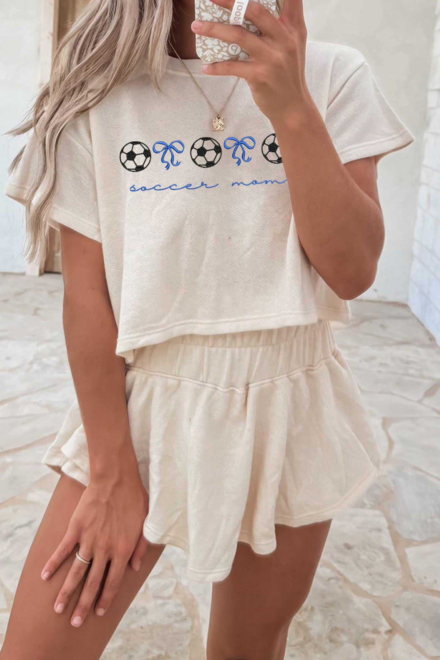 Beige Soccer Bow Embroidered Ruffle High Waist Skirt 2pcs Set