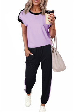 Orchid Petal Color Block Trim 2 Tone Contrasted Tank and Pants Set