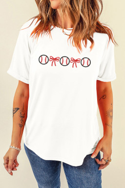 White Baseball Bow Embroidered Graphic Tee
