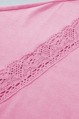 Pink Raw Cut Notched Neck Lace Patchwork Detail Mineral Wash Tee