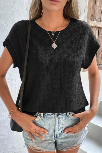 Black Solid Color Textured Batwing Sleeve Tee