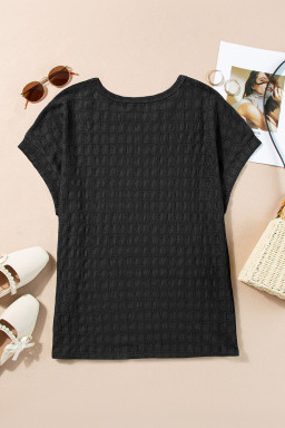Black Solid Color Textured Batwing Sleeve Tee