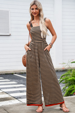 Brown Stripe Square Neck Shirred Wide Leg Jumpsuit