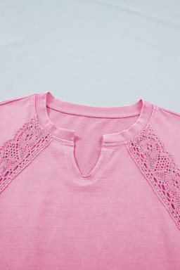 Pink Raw Cut Notched Neck Lace Patchwork Detail Mineral Wash Tee