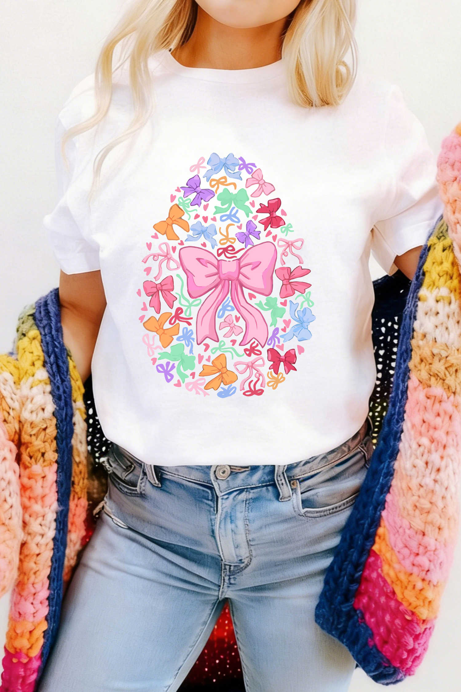 White Coquette Bow Easter Egg Printed T Shirt
