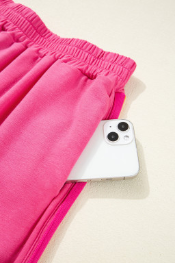 Rose Red Vibrant Striped Detail Athleisure 2pcs Short Set