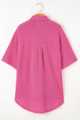 Bright Pink Waffle Textured Knit Button Down Short Sleeve Shacket