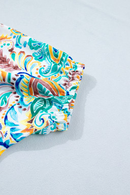 Green Boho Paisley Floral Printed Puff Sleeve Blouse