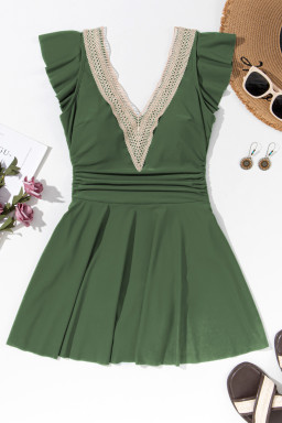 Mist Green Ruffled Short Sleeve Lace Trim V Neck One Piece Swim Dress