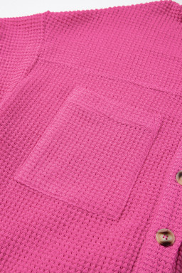 Bright Pink Waffle Textured Knit Button Down Short Sleeve Shacket