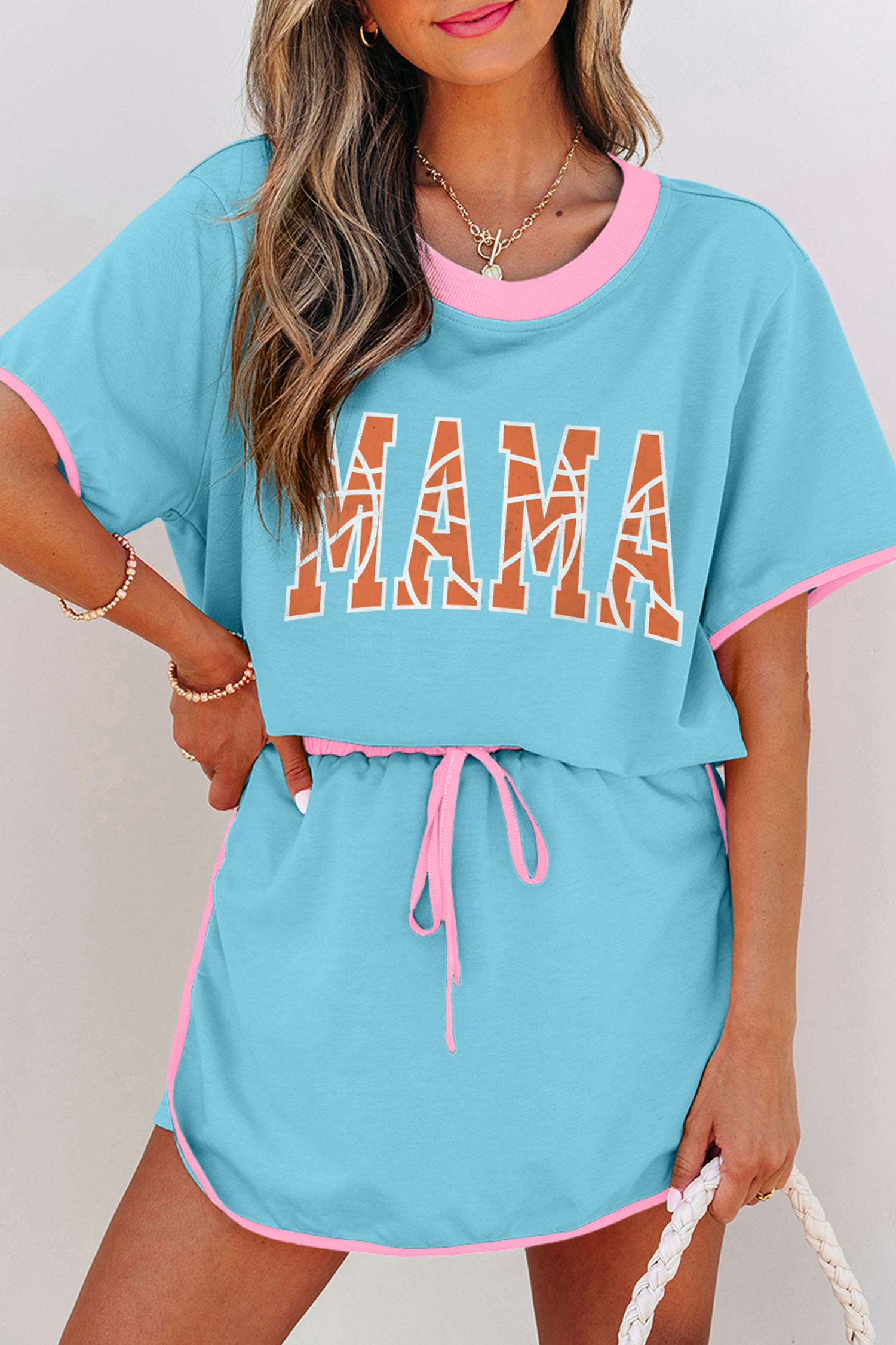 Turquoise Color Block Trim MAMA Game Day Athleisure Skirt Set